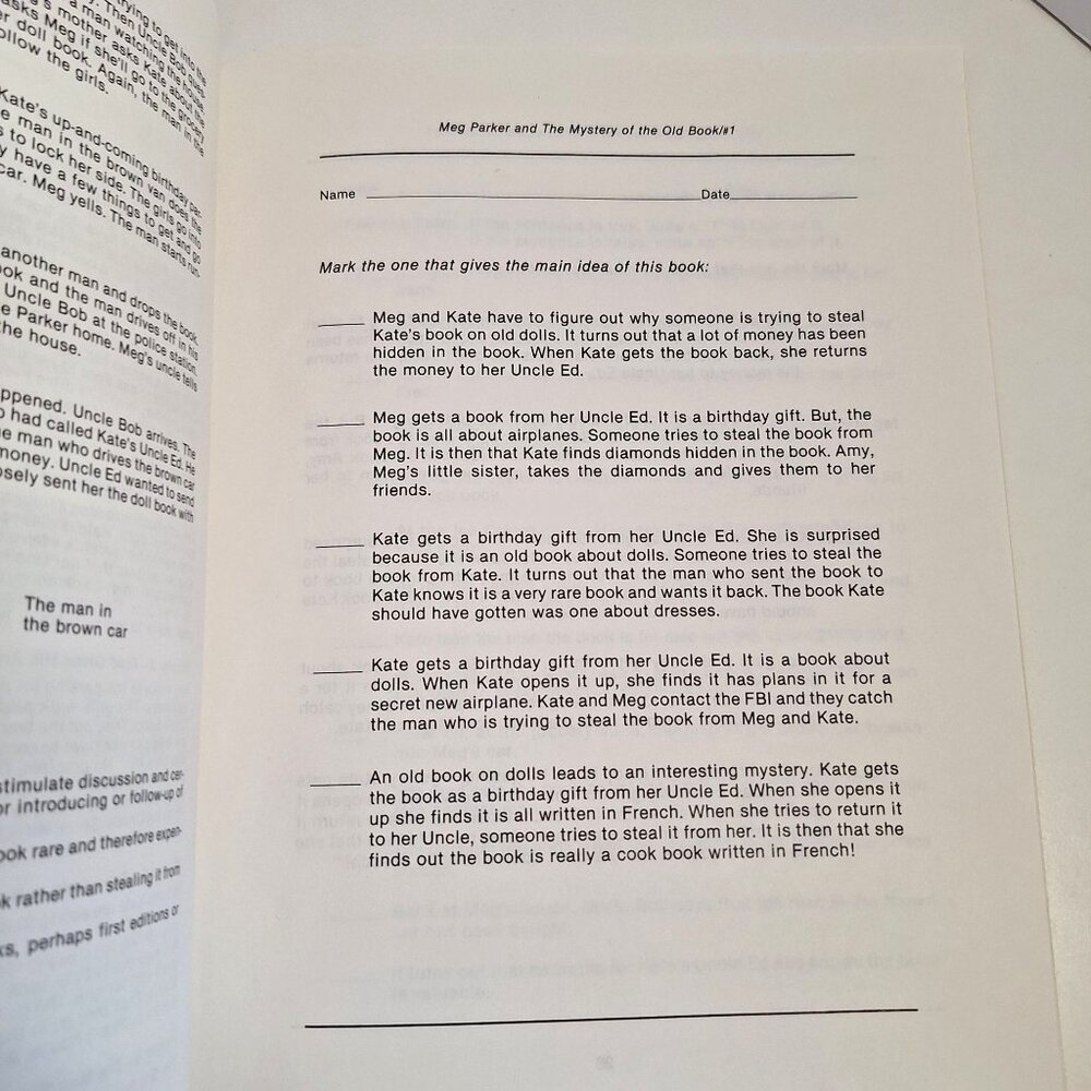 Meg Parker Mysteries Activity Worksheets 2 Reading Mystery Old Book Hub Cap - Picture 6 of 9